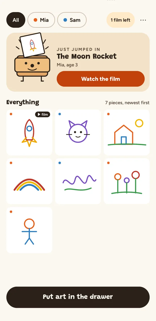 The Doodlesake home screen: a grid of children's drawings, each marked with whose it is, and a favourite on top with a Watch the film button